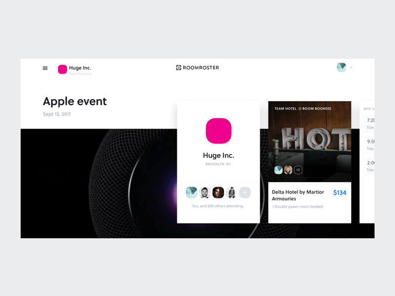 User specific event page animation cards design event minimal product transition ui ux web