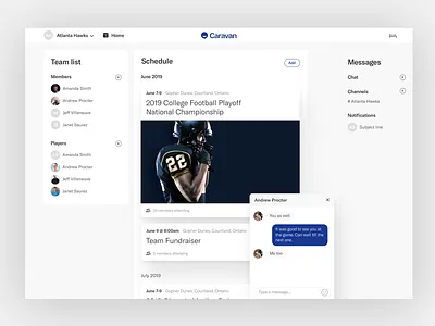 Caravan App Event Feed (Desktop) app application chat design event feed product sport web