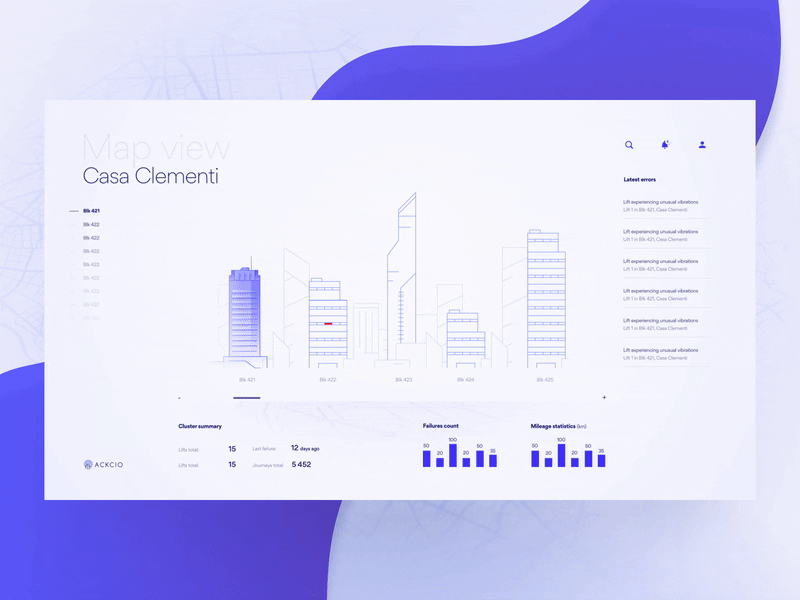 Ackcio Lumos! animation buildings clean elevator error interactive map monitoring software ui
