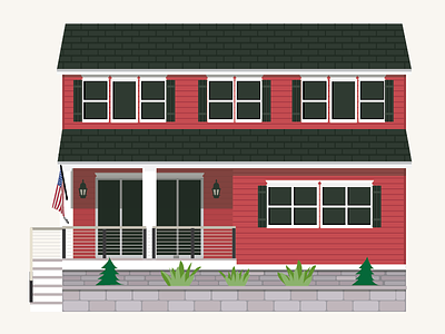 House Illustration- v2014 flag house illustration roof shrubs shudders stairs windows