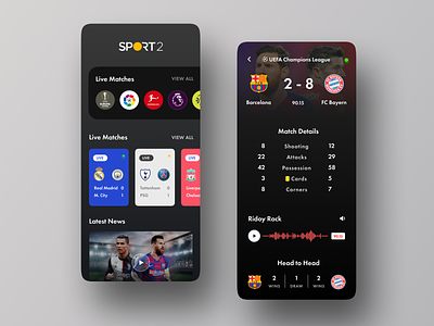 Sports Live Score App Dark andorid app app design barcelona football ios league mobile app ridoy rock score sport ui user experience user interface ux