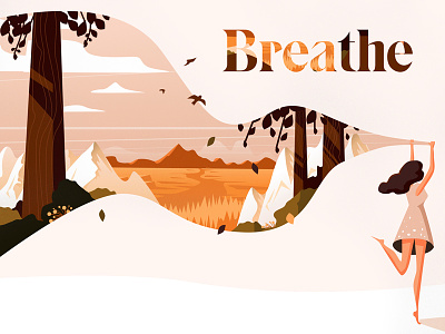 Breathe. agency illustration breath breathe dress forest illustration illustrator landscape leaves meditate meditation mountains nature sketch vector women woods