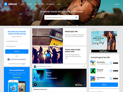 Homepage on Shazam.com (inc. News Feed) feed home homepage mobile music news responsive search shazam song track web