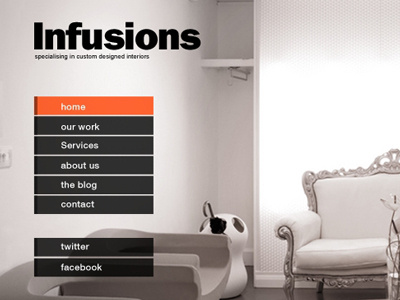 Infusions web design art direction black branding design graphic design interface design menu minimalistic orange photoshop ui ui design understated web web design website