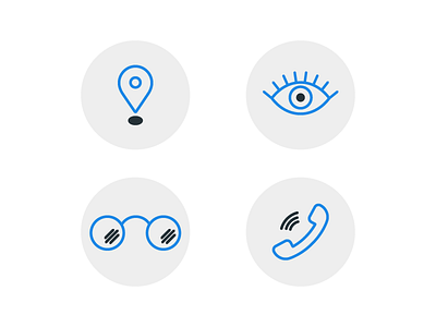 Eye Clinic Icons blue eye glasses icons illustration mapmarker ophthalmologist optometrist outline phone webdesign