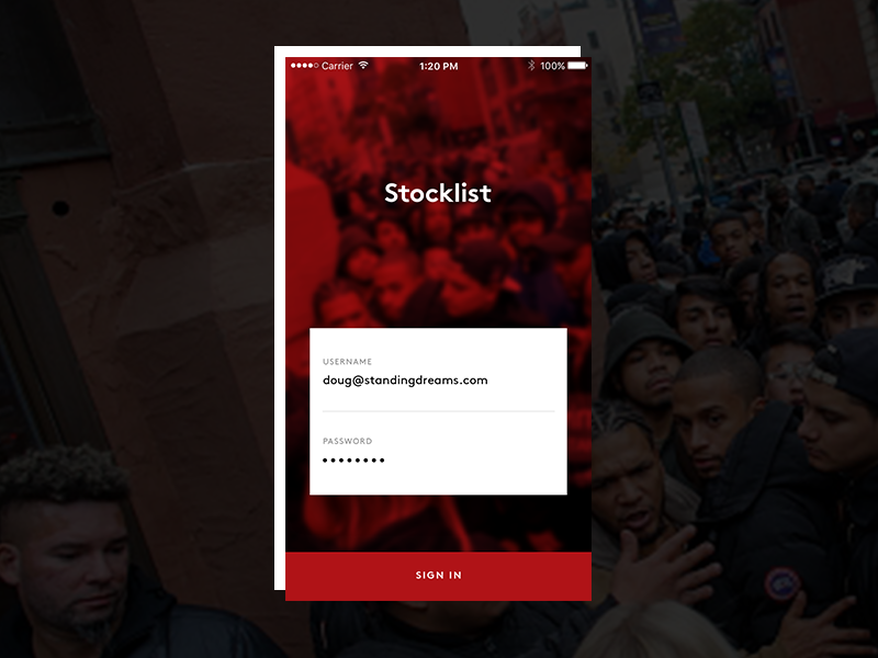 Stocklist: Sign In Screen sign-in homepage mobile design sneakerhead mobile app