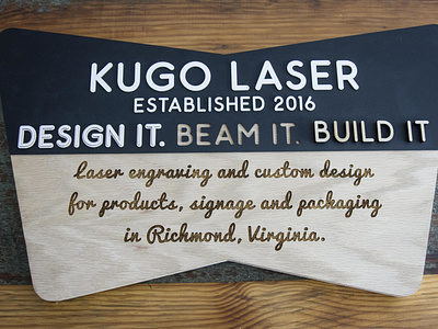 Kugo Lobby Sign acrylic cut design designer engrave kugo laser logo product richmond rva signage signmaking signs typography wayfinding wood