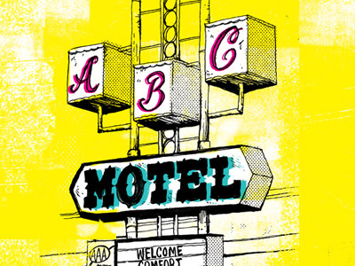 ABC Motel Skate Deck illustration ink pen