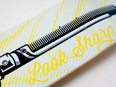 Look Sharp comb deck knife script sharp skate skateboard switchblade yellow
