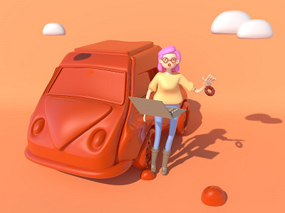 colar girl & orange car c4d