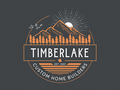 Timberlake Custom Homes Shirt Design circle logo forest graphic design gray lake line art mountains orange rural screenprint shirt shirt mockup simple t shirt t shirt illustration trees tshirt vector water white