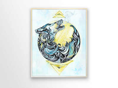 Night Call Ink & Watercolor Drawing abstract blue dog drawing fur geometric howl moon night traditional art watercolor werewolf wolf yellow