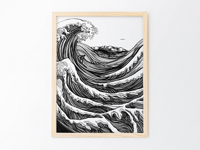 Flood of Freedom Ink Illustration beach bird black and white crashing drawings illustrations island ocean pen and ink sharpie surfer surfing wave