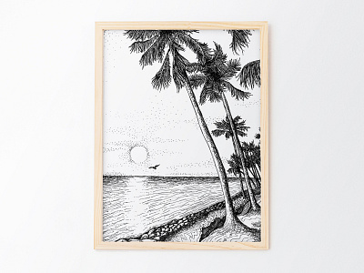 New Day Ink Illustration beach bird black and white calm crosshatching hatching illustration ocean palm tree pen and ink pencil drawing sea seascape sharpie soar stippling sun sunbathing sunny day water