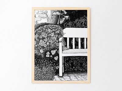 The Garden Ink Illustration bench black and white botanical bushes flowers garden nature pen and ink roses sharpie stylized trees