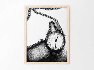 Time Ink Illustration analog black and white chain clock design drawing hatching illustration necklace pen and ink pocket watch roman numeral sharpie stippling timepiece watch