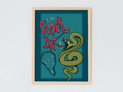 Clock In Poster Design adobe career clock in green illustration lettering on time photoshop poster routine salvador dali schedule serpent snake teal time tongue typography work