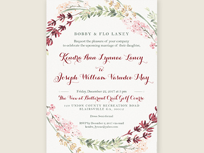 Floral Wreath Wedding Invitation burgundy floral hand drawn invitation nude paper pink script vintage watercolor wedding winter