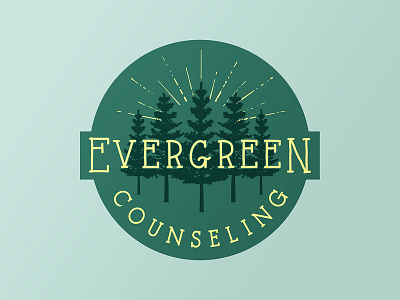 Evergreen Counseling Logo chicago circle forest gold graphic design green illinois logo midwest nature pine round seal silhouette sun beams sun rays trees woods