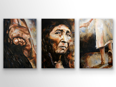 Agowatiha, Acrylic Painting Triptych acrylic cherokee earth tone face feet hands hardship indian native american art old painting portrait rugged sadness tired to see trail of tears worn