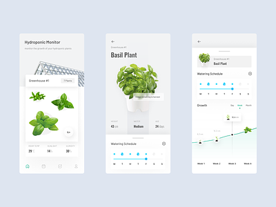 Hydroponic Plant App 🥬 clean farming figma green greenhouse growing growth hydroponics hydroponics app monitoring planting plants schedule watering