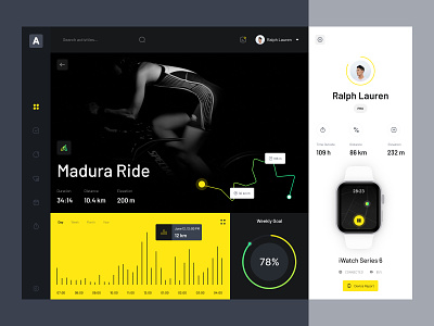 Bicycle Dashboard 🚴🏻 activity bicycle bicycle dashboard bike bike dashboard dark dark dashboard dashboard design elevation exercise health ride sport sport dahsboard sporty track watch web design web sport app yellow