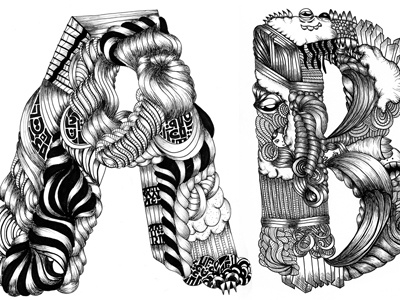 World letters A-E black and white illustration ink pen pen and ink type typography