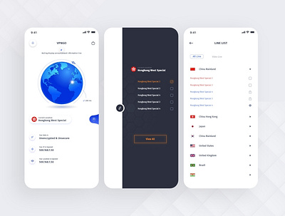 VPN App UI Concept 3 app app design app designer china country flag design dribbble hongkong line side menu ui uidesign uiux user interface design ux vpngo world map