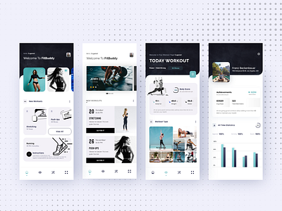 Fitness Mobile Application | FitBuddy app design explore fitness mobile app homepage innovative minimal mobile profile statistics trainee trainers ui uidesign uiux user interface design ux vector video player webdesign workout