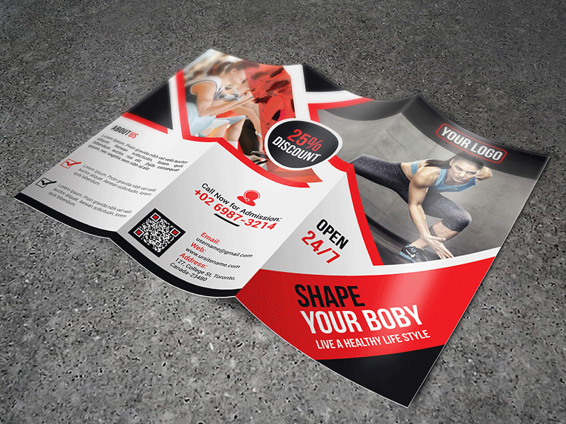 GYM Tri fold Brochure advertising boby shpe body body building energy fit gym gym flyer