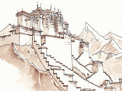 Himalayas mountains temple tibet watercolour