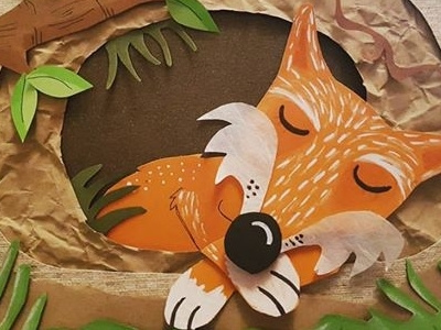 Sleeping Mr Fox in his den 3D paper illustration animals art artist chidrens books childrens illustrator creative design fox illustration nature paper woods