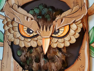 Owl Illustration 3D Paper and fethers