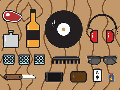 Go bag. bottle flask headphones illustration matches record sun glasses wayfarers whiskey