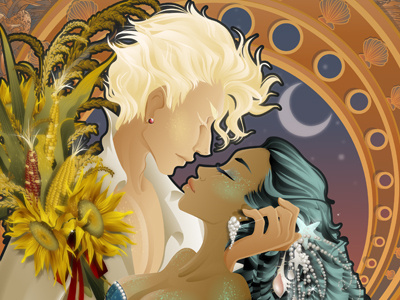 He Harvests The Moon god goddess harvest kiss love male man moon romance sun sunflowers woman