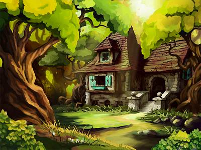 Fairy forest 2d art cartoon digital drawing environment fairy forest game house illustration painting