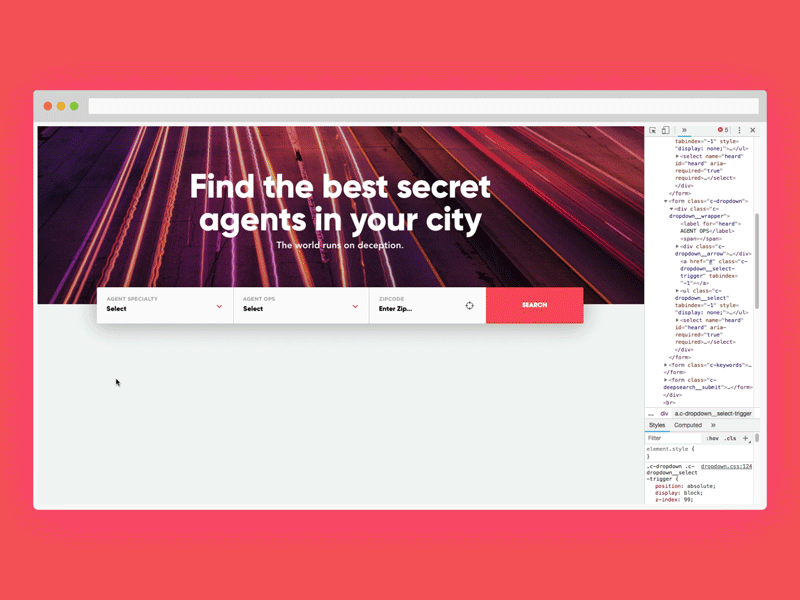 Covert - Coded Concept agents code conspiracy css design dropdown html interface javascript landing product search secret tool ui ux