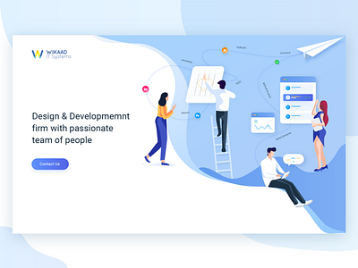 Wikaad Landing Page blue and white character design design process flat design landing page ui design ux design vector illustration