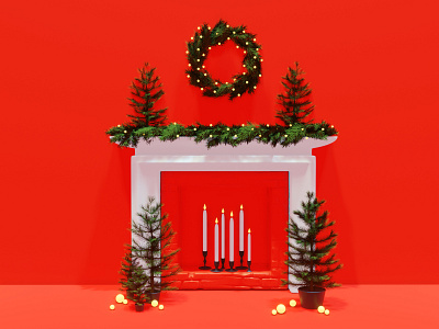 Festive Fireplace 3d art blender3d candle christmas concept dribbbleweeklywarmup fireplace illustration new year present symbol wreath