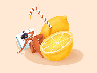 Summer time in quarantine bathing beach breeze coronavirus design graphicdesign illustration juice lemon minimal procreate quarantine relaxing stay home straw summer sun sunbathing ui ux