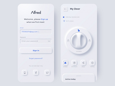 Afred smart lock 3d app care design door light neumorphic phone app security sign smarthome ui
