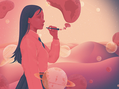 blowing bubbles alien desert girl illustration lonely mountain planet sky space star uniform woman