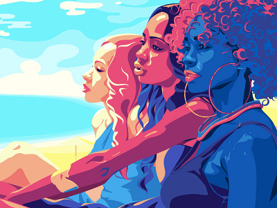 Three Women On The Beach beach color girl illustration light shadow skin sun woman