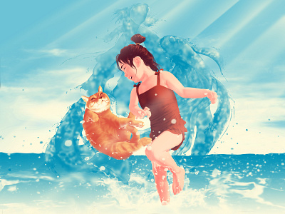 Summer,Girl and Cat beach cat girl illustration light ocean sea summer sun