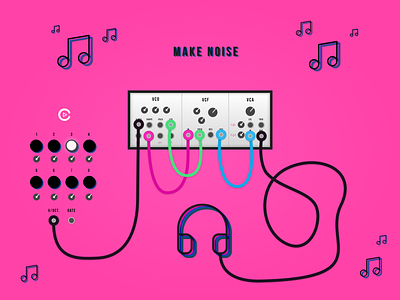 Modular Synth Artwork - Make Noise audio buttons cables creative dials headphones illustration illustrator instrument keyboard knobs modular music notes patch plug rack sound synth waveforms