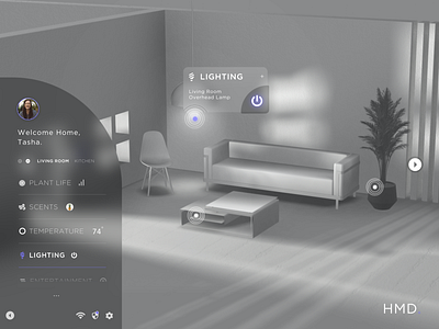 Smart Home Monitoring Dashboard UI - No Place Like Home 3d app buttons chair composition dailyui dashboard grayscale icons light rays lighting menu monitoring navigation room shadows smart home table uiux webgl