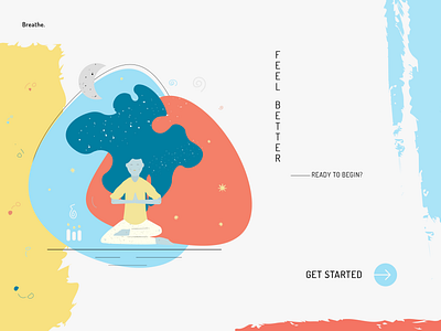 Onboarding UI - Breathe. abstract button candle character charcoal dailyui fitness header health landing page moon onboarding planets smoke stars twirl uiux vertical wind yoga