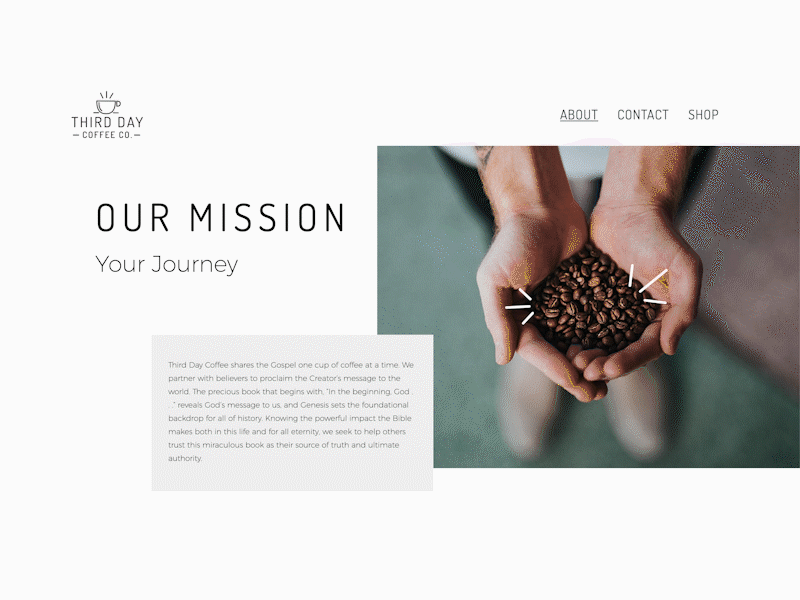 About Page UI/UX - Third Day Coffee animated gif animation animation 2d animation design clean ui coffee foreground minimal non profit overlap overlay parallax scrolling parralax scroll animation svg svg animation website ui