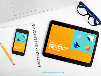 Free Workplace With Smartphone & Digital Tablet MockUp PSD