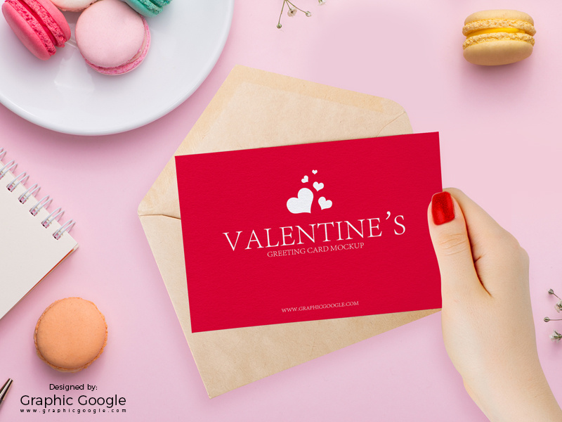 Free valentines greeting card in girl hand mockup